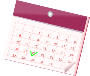 壁掛けタイプの赤色ベースのカレンダーの22日に緑色のチェックが入ったイラスト